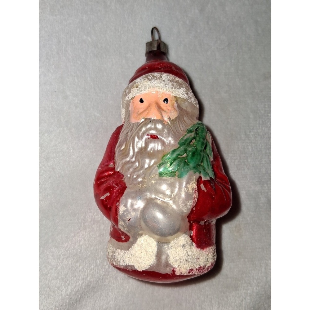 Vintage Figural Santa Blown Glass Christmas Ornament 3.5" Mica Frosted Tree